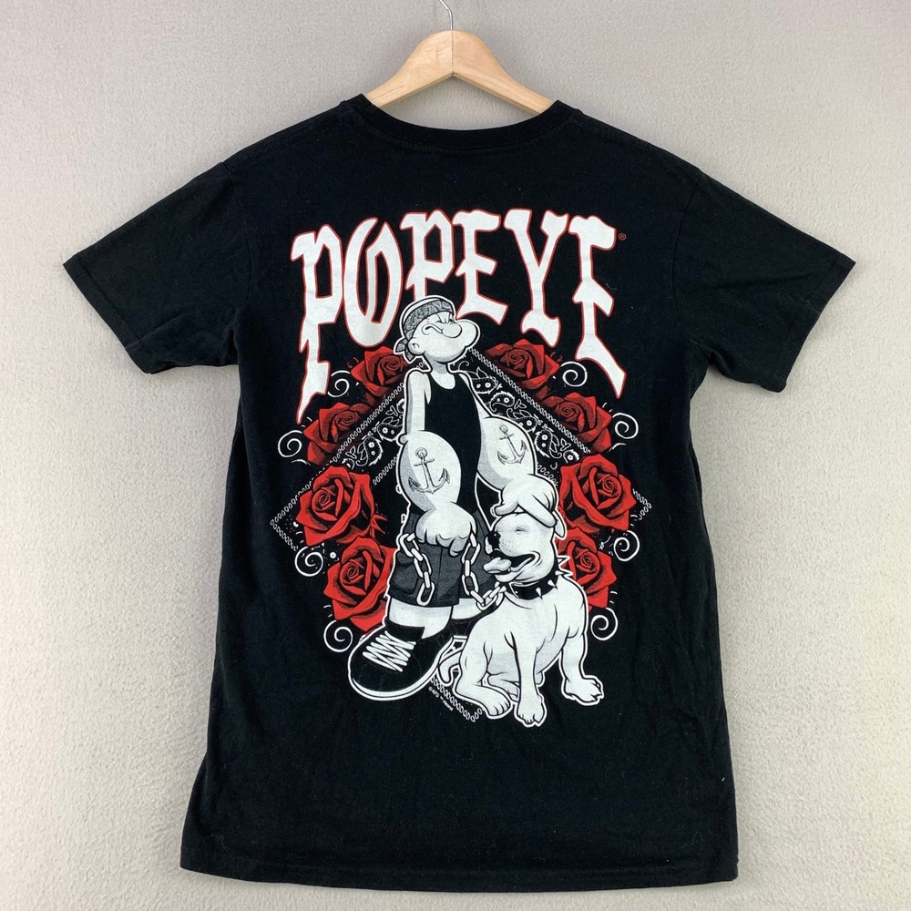 Popeye Graphic Tee Mens Small Black Gangster Dog Roses T-Shirt Brisco Brands